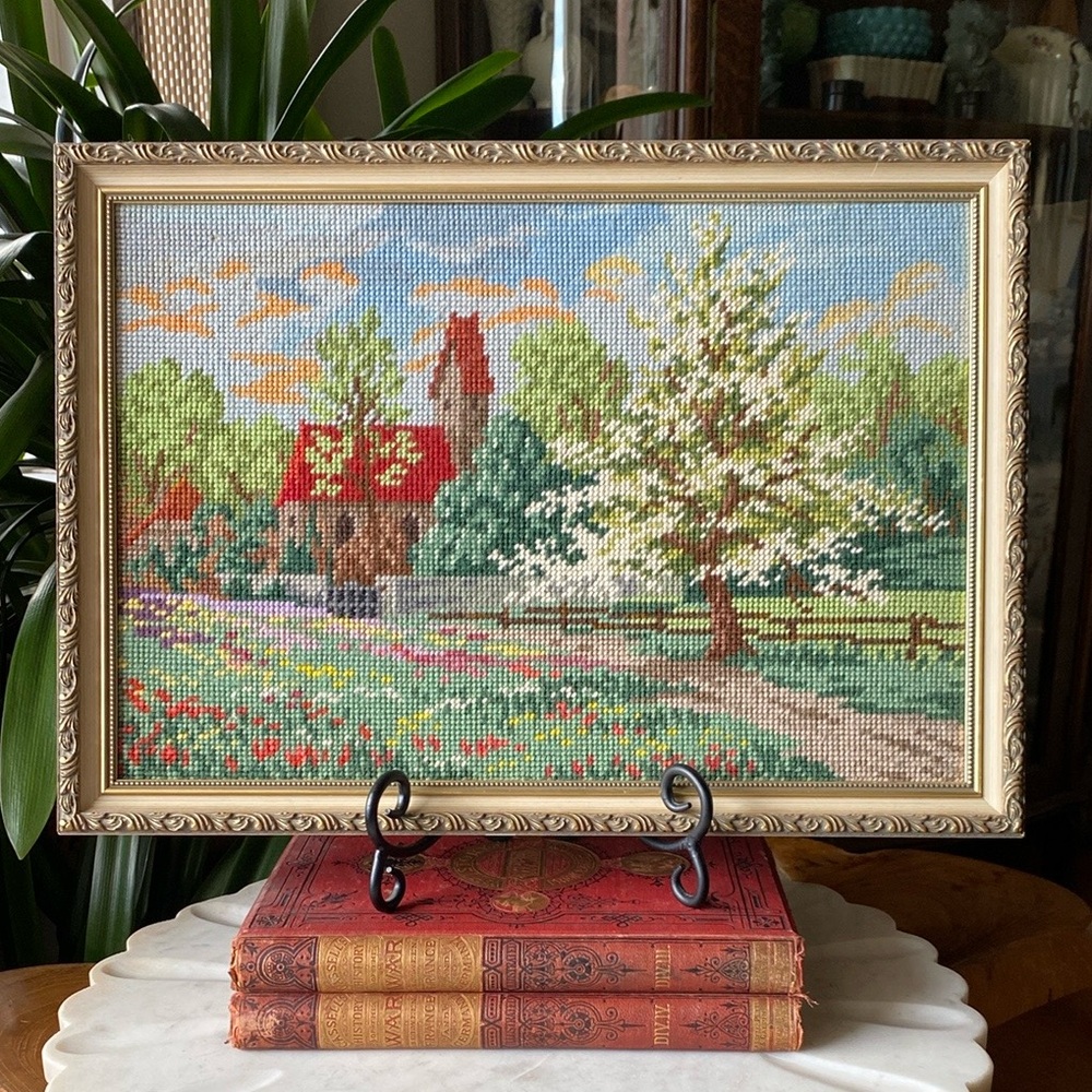 Vintage Hand Crafted Country Needlepoint Art - Gold Framed Wall Hanging Decor
